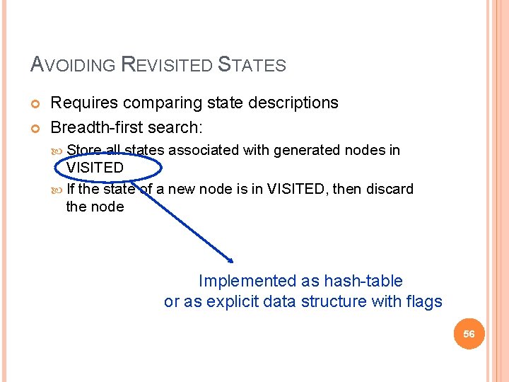 AVOIDING REVISITED STATES Requires comparing state descriptions Breadth-first search: Store all states associated with