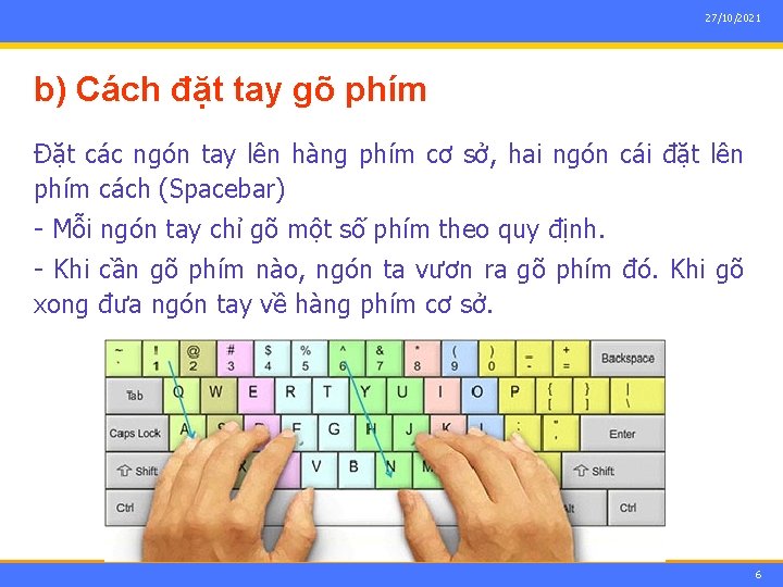 27/10/2021 b) Cách đặt tay gõ phím Đặt các ngón tay lên hàng phím