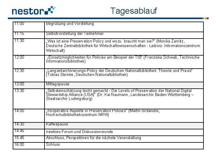 Tagesablauf 11: 00 Begrüßung und Vorstellung 11: 15 Selbstvorstellung der Teilnehmer 11: 30 „Was