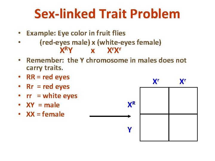 Sex-linked Trait Problem • Example: Eye color in fruit flies • (red-eyes male) x