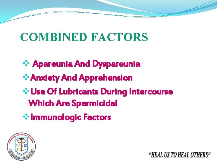 COMBINED FACTORS v Apareunia And Dyspareunia v. Anxiety And Apprehension v. Use Of Lubricants