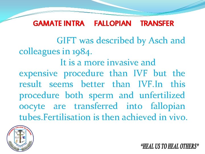 GAMATE INTRA FALLOPIAN TRANSFER GIFT was described by Asch and colleagues in 1984. It