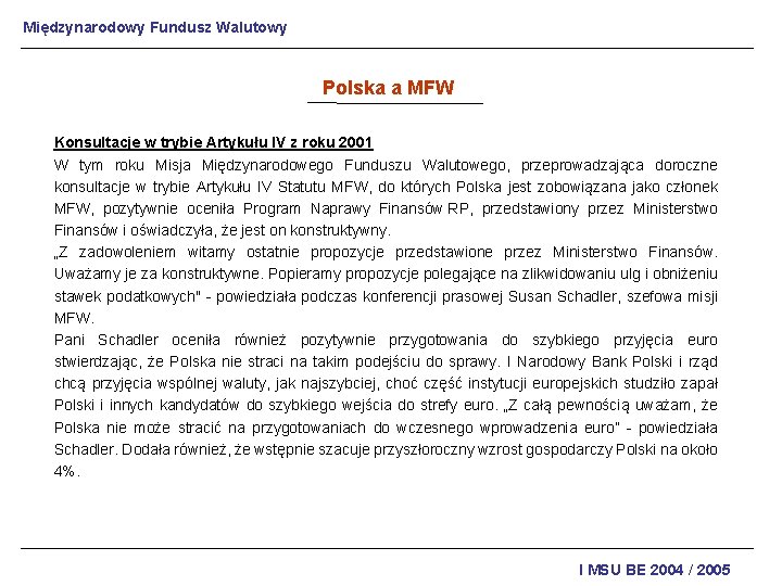 Międzynarodowy Fundusz Walutowy Polska a MFW Konsultacje w trybie Artykułu IV z roku 2001