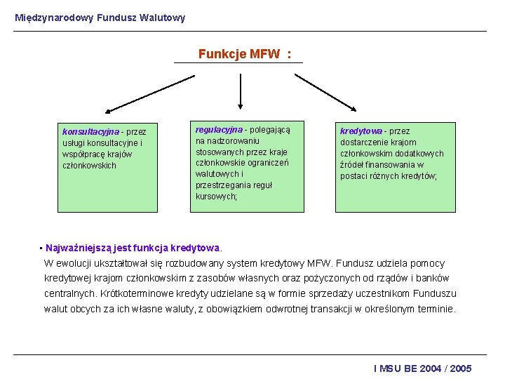 Międzynarodowy Fundusz Walutowy Funkcje MFW : konsultacyjna - przez usługi konsultacyjne i współpracę krajów