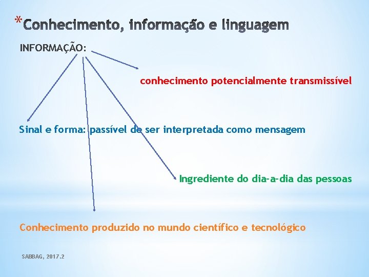 * INFORMAÇÃO: conhecimento potencialmente transmissível Sinal e forma: passível de ser interpretada como mensagem