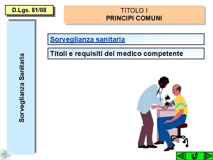 D. Lgs. 81/08 TITOLO I PRINCIPI COMUNI Sorveglianza Sanitaria Sorveglianza sanitaria Titoli e requisiti