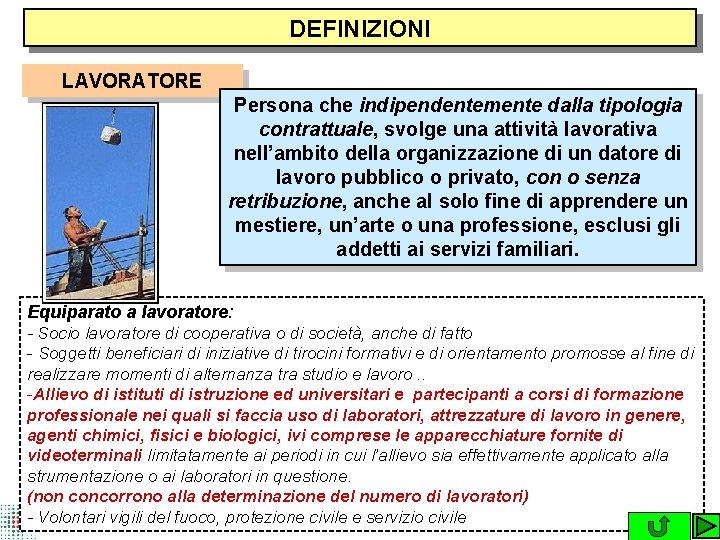 DEFINIZIONI LAVORATORE Persona che indipendentemente dalla tipologia contrattuale, svolge una attività lavorativa nell’ambito della