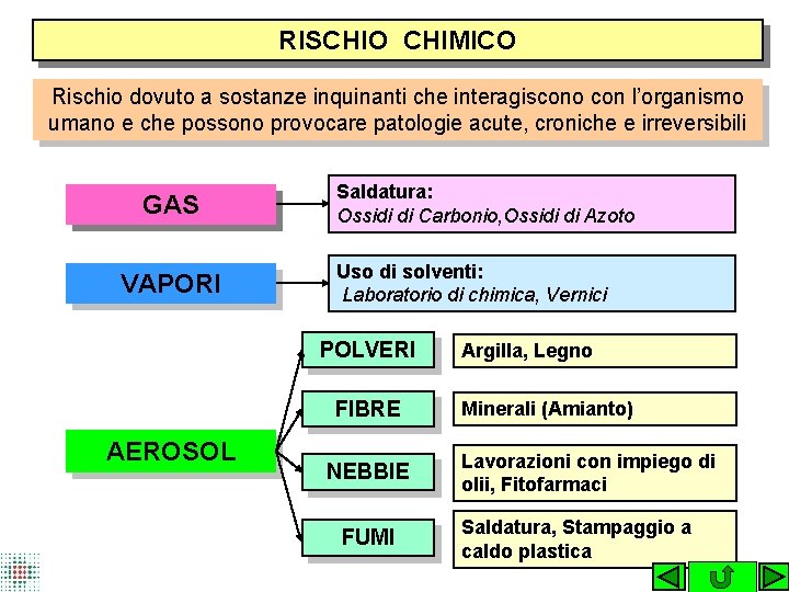 RISCHIO CHIMICO Rischio dovuto a sostanze inquinanti che interagiscono con l’organismo umano e che