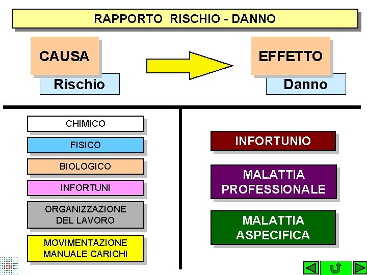 RAPPORTO RISCHIO - DANNO CAUSA Rischio EFFETTO Danno CHIMICO FISICO BIOLOGICO INFORTUNI ORGANIZZAZIONE DEL