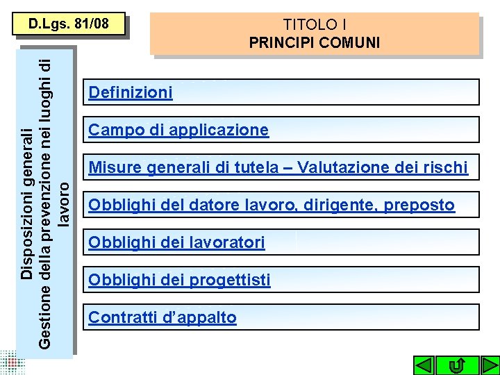 Disposizioni generali Gestione della prevenzione nei luoghi di lavoro D. Lgs. 81/08 TITOLO I