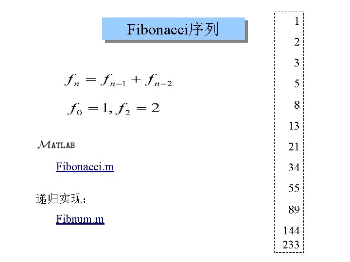 Fibonacci序列 1 2 3 5 8 13 21 Fibonacci. m 递归实现： Fibnum. m 34