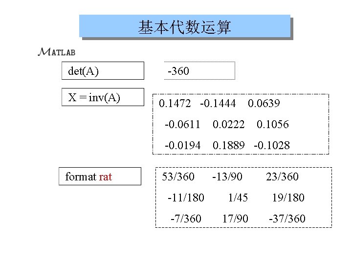 基本代数运算 det(A) X = inv(A) format rat -360 0. 1472 -0. 1444 0. 0639