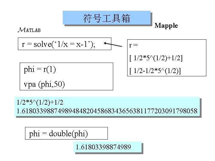 符号 具箱 r = solve(‘ 1/x = x-1’); Mapple r= [ 1/2*5^(1/2)+1/2] phi =
