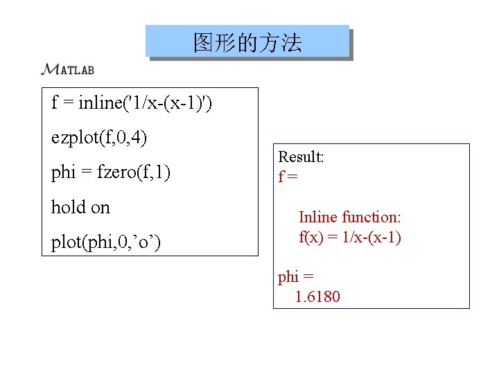 图形的方法 f = inline('1/x-(x-1)') ezplot(f, 0, 4) phi = fzero(f, 1) hold on plot(phi,