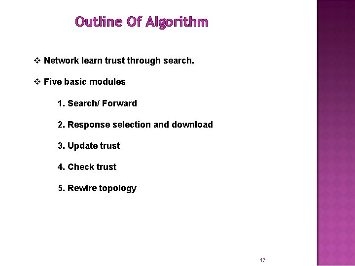 Outline Of Algorithm v Network learn trust through search. v Five basic modules 1.
