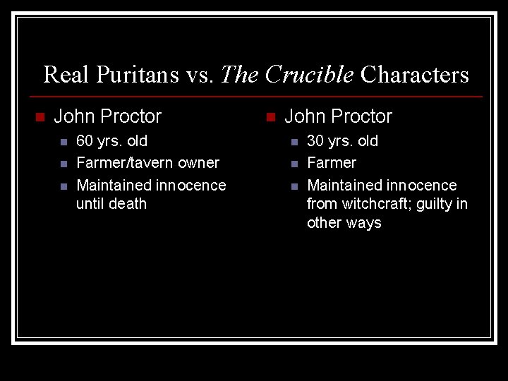 Real Puritans vs. The Crucible Characters n John Proctor n n n 60 yrs.