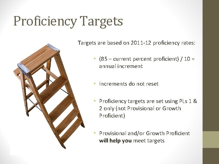 Proficiency Targets are based on 2011 -12 proficiency rates: • (85 – current percent
