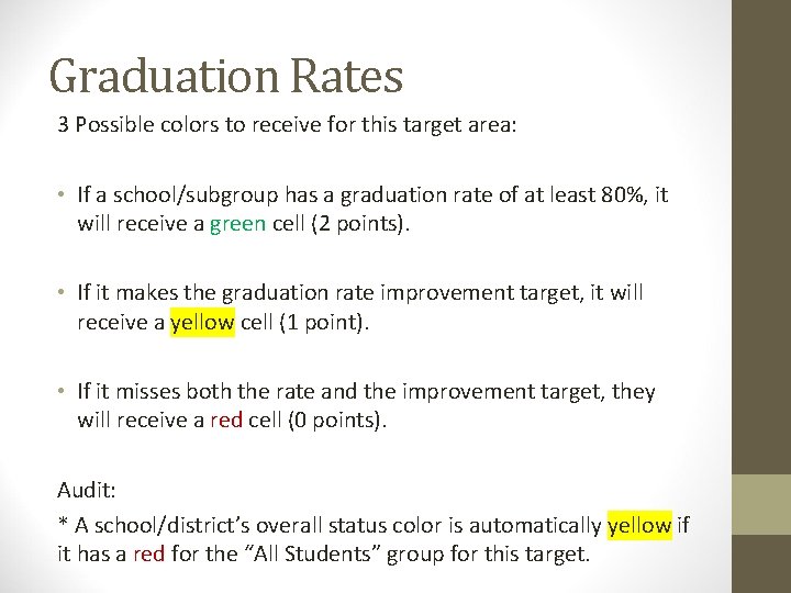 Graduation Rates 3 Possible colors to receive for this target area: • If a