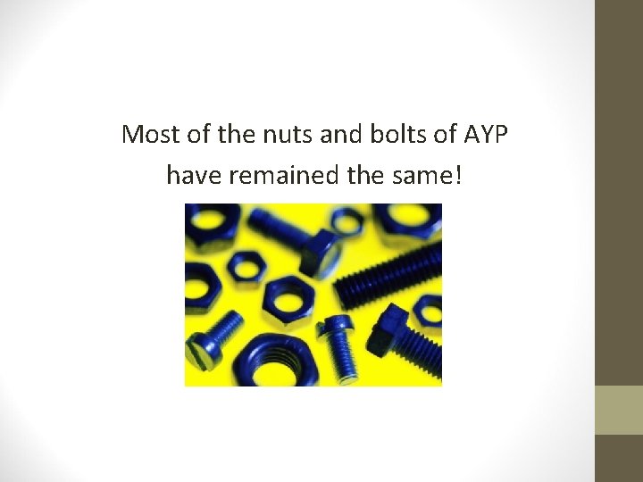 Most of the nuts and bolts of AYP have remained the same! 