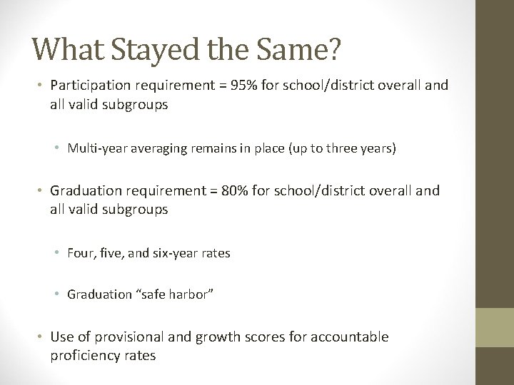 What Stayed the Same? • Participation requirement = 95% for school/district overall and all