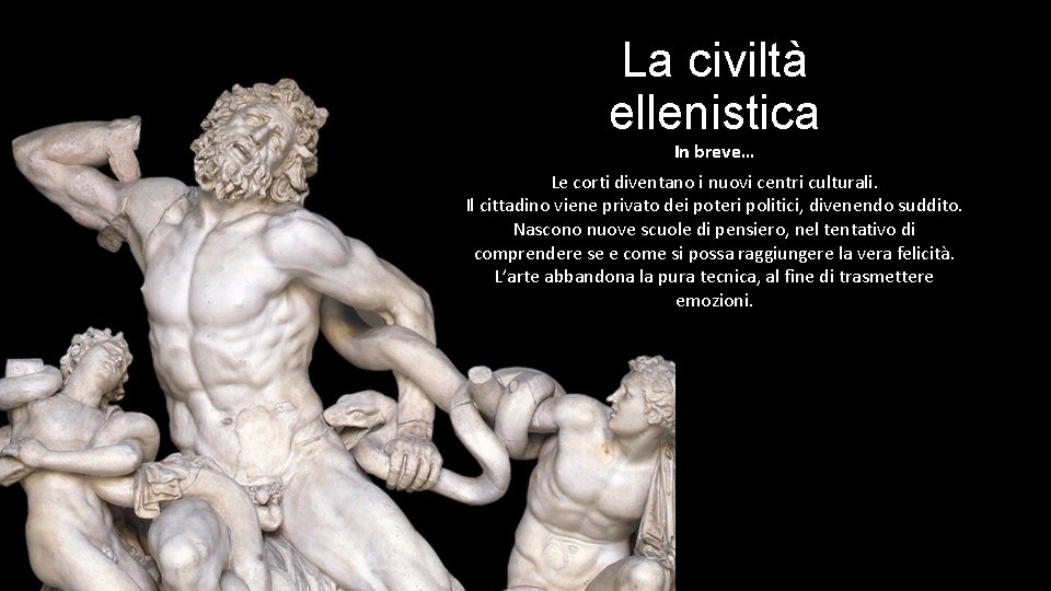 La civiltà ellenistica In breve… Le corti diventano i nuovi centri culturali. Il cittadino