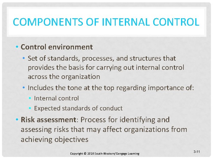 COMPONENTS OF INTERNAL CONTROL • Control environment • Set of standards, processes, and structures