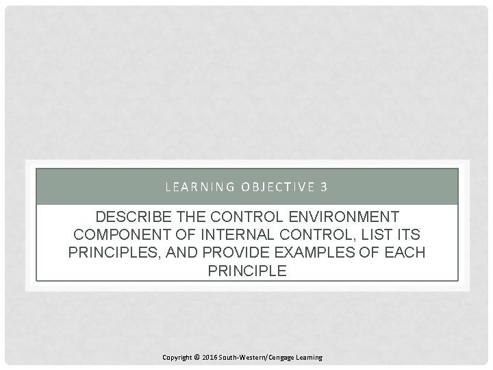 LEARNING OBJECTIVE 3 DESCRIBE THE CONTROL ENVIRONMENT COMPONENT OF INTERNAL CONTROL, LIST ITS PRINCIPLES,