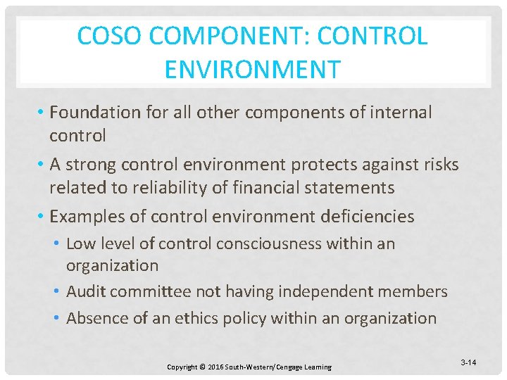 COSO COMPONENT: CONTROL ENVIRONMENT • Foundation for all other components of internal control •