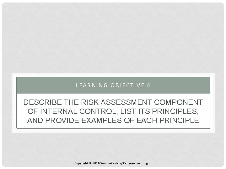 LEARNING OBJECTIVE 4 DESCRIBE THE RISK ASSESSMENT COMPONENT OF INTERNAL CONTROL, LIST ITS PRINCIPLES,