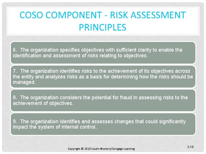 COSO COMPONENT - RISK ASSESSMENT PRINCIPLES 6. The organization specifies objectives with sufficient clarity