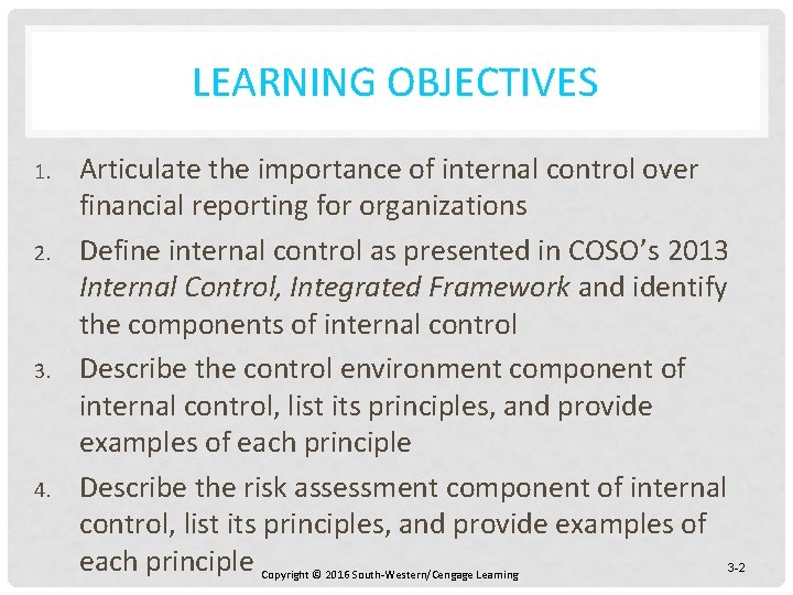 LEARNING OBJECTIVES 1. 2. 3. 4. Articulate the importance of internal control over financial