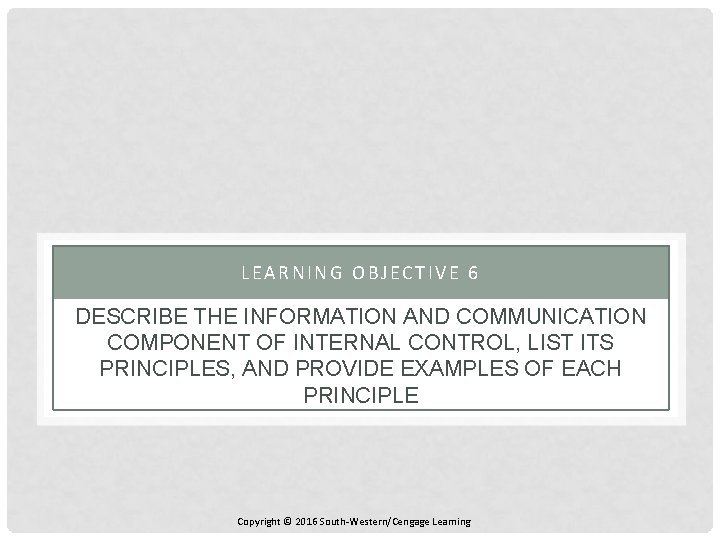 LEARNING OBJECTIVE 6 DESCRIBE THE INFORMATION AND COMMUNICATION COMPONENT OF INTERNAL CONTROL, LIST ITS