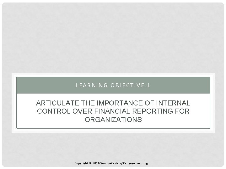 LEARNING OBJECTIVE 1 ARTICULATE THE IMPORTANCE OF INTERNAL CONTROL OVER FINANCIAL REPORTING FOR ORGANIZATIONS