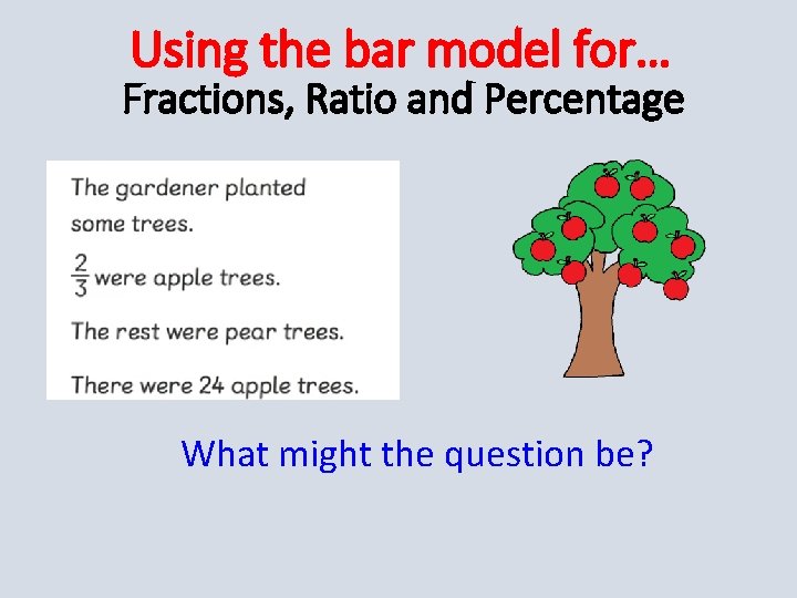Using the bar model for… Fractions, Ratio and Percentage What might the question be?