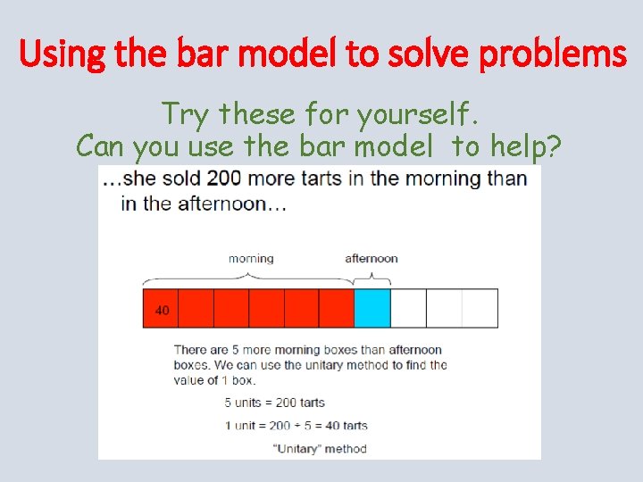 Using the bar model to solve problems Try these for yourself. Can you use