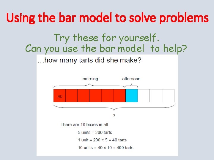 Using the bar model to solve problems Try these for yourself. Can you use