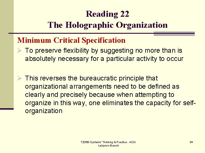 Reading 22 The Holographic Organization Minimum Critical Specification Ø To preserve flexibility by suggesting