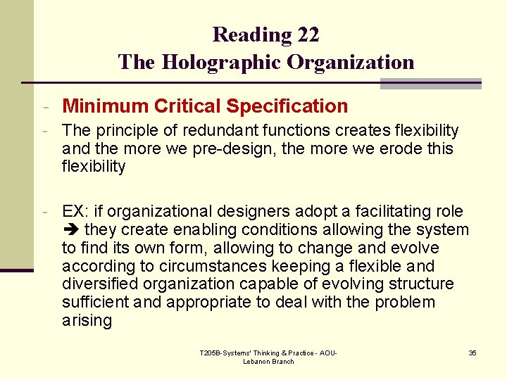 Reading 22 The Holographic Organization - Minimum Critical Specification - The principle of redundant