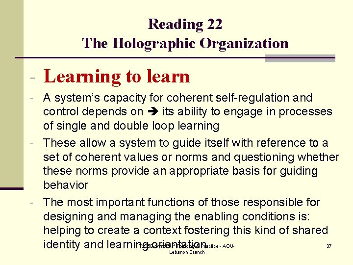 Reading 22 The Holographic Organization - Learning to learn - A system’s capacity for