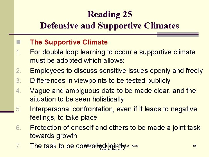 Reading 25 Defensive and Supportive Climates n 1. 2. 3. 4. 5. 6. 7.