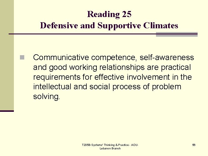 Reading 25 Defensive and Supportive Climates n Communicative competence, self-awareness and good working relationships