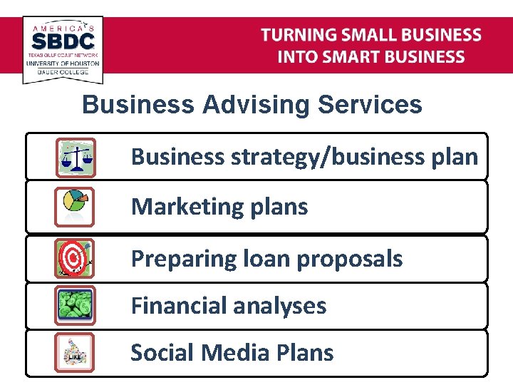 Business Advising Services Business strategy/business plan Marketing plans Preparing loan proposals Financial analyses Social