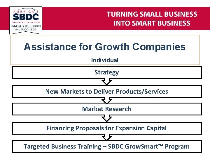 Assistance for Growth Companies Individual Strategy New Markets to Deliver Products/Services Market Research Financing