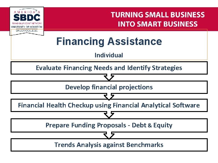 Financing Assistance Individual Evaluate Financing Needs and Identify Strategies Develop financial projections Financial Health