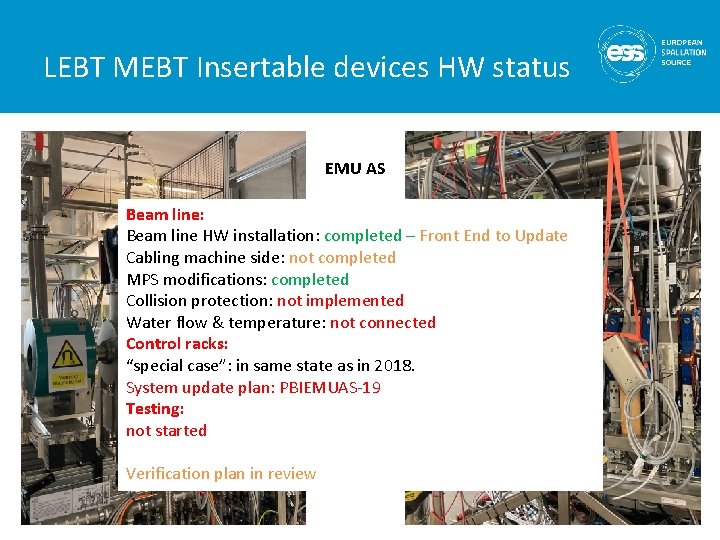 LEBT MEBT Insertable devices HW status EMU AS MEBT FC Beam line: Beam line