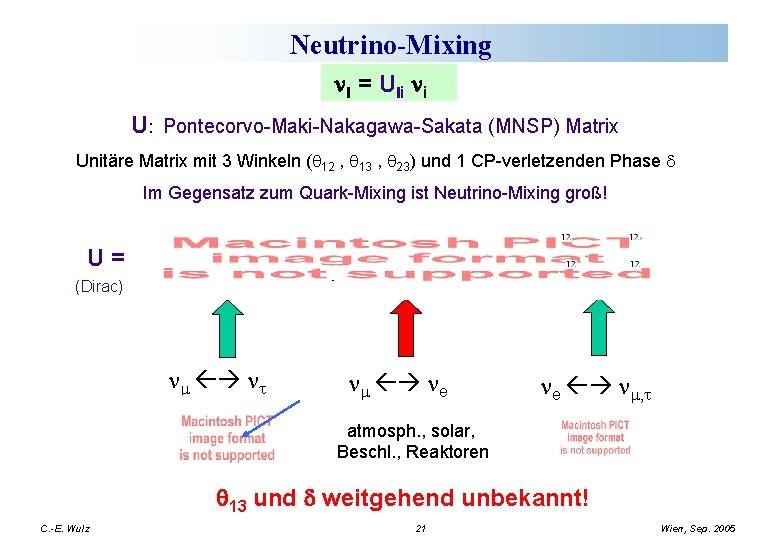 Neutrino-Mixing nl = Uli ni U: Pontecorvo-Maki-Nakagawa-Sakata (MNSP) Matrix Unitäre Matrix mit 3 Winkeln