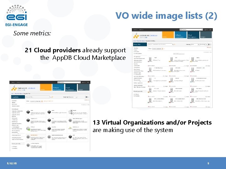 VO wide image lists (2) Some metrics: 21 Cloud providers already support the App.
