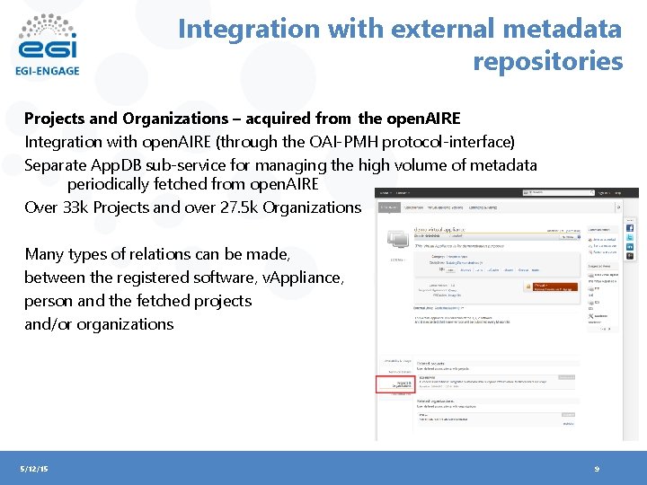 Integration with external metadata repositories Projects and Organizations – acquired from the open. AIRE