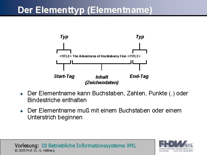 Der Elementtyp (Elementname) Typ <TITLE> The Adventures of Huckleberry Finn </TITLE> Start-Tag Inhalt (Zeichendaten)