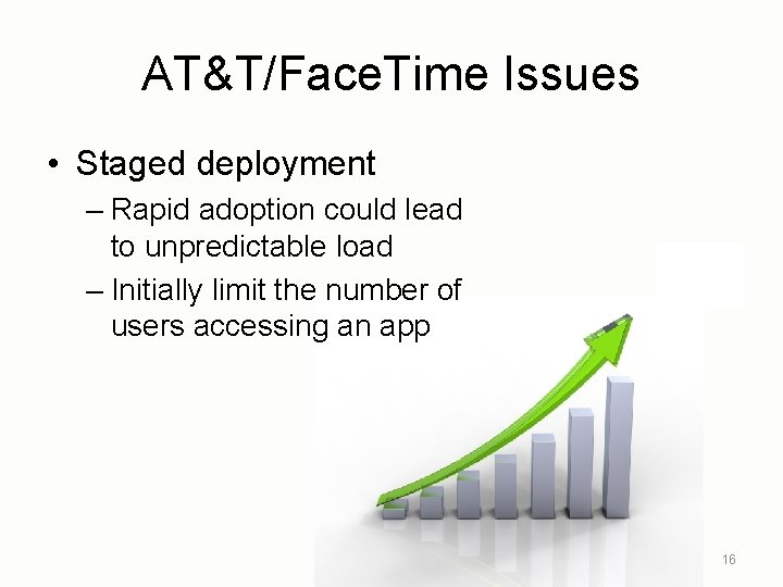 AT&T/Face. Time Issues • Staged deployment – Rapid adoption could lead to unpredictable load